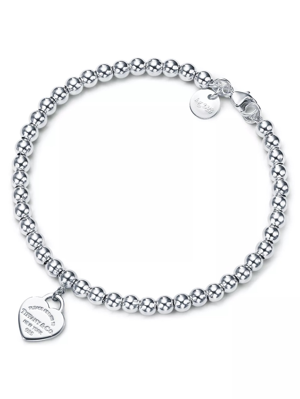 Tiffany & Co. Sterling Silver Bead Bracelet with Heart Charm - Silver NEW